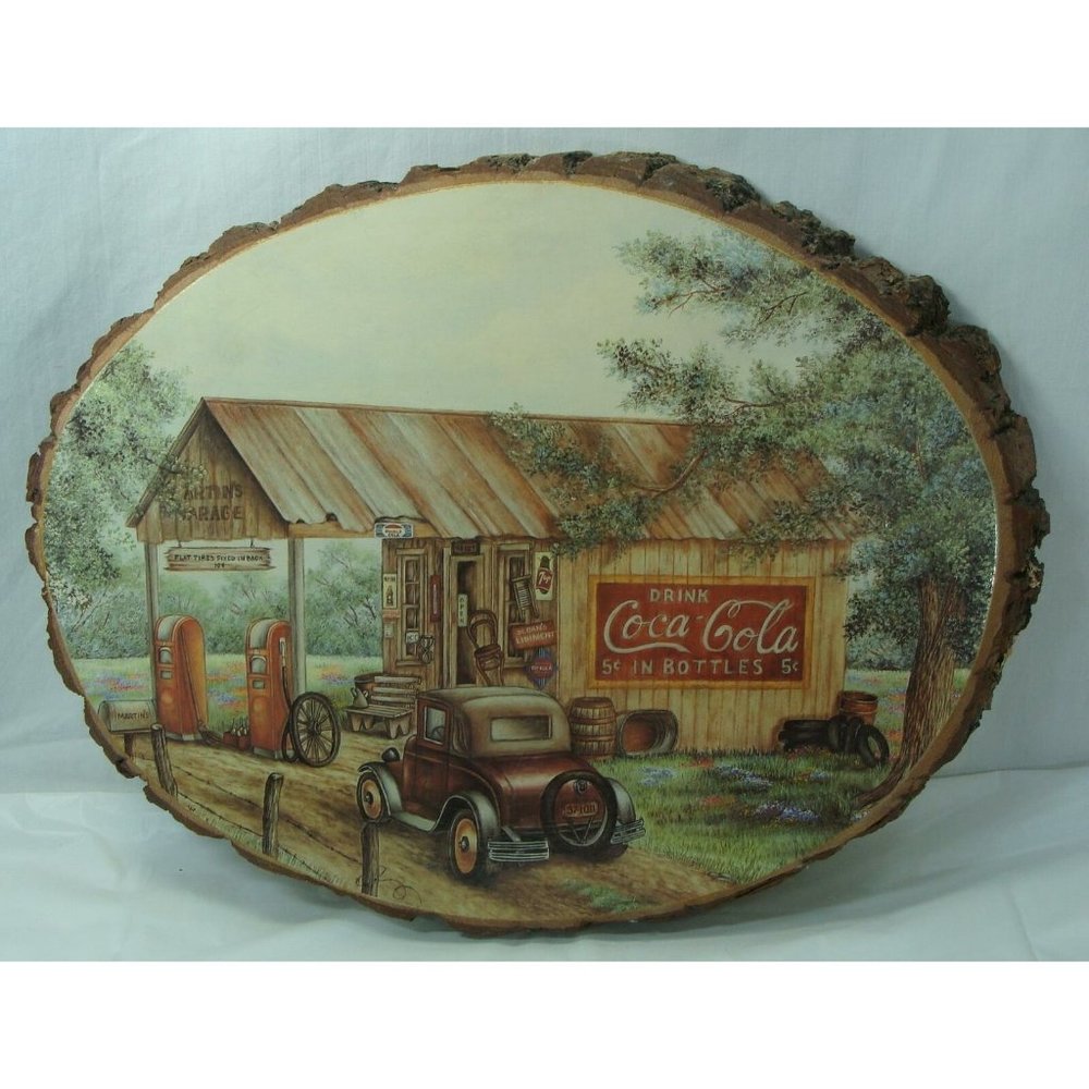 Coca-Cola 1930s Country Garage Natural Wood Live Edge Wall Plaque Excellent